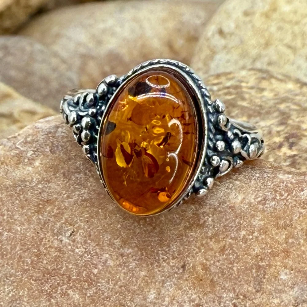 Vintage Cognac Baltic Amber Sterling Silver Filigree Ring Size 6